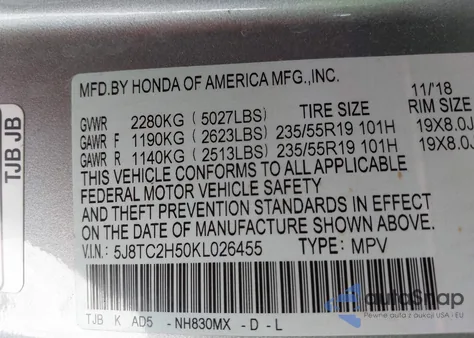 2019 Acura Rdx Technology Package z USA, uszkodzony, nr VIN 5J8TC2H50KL026455